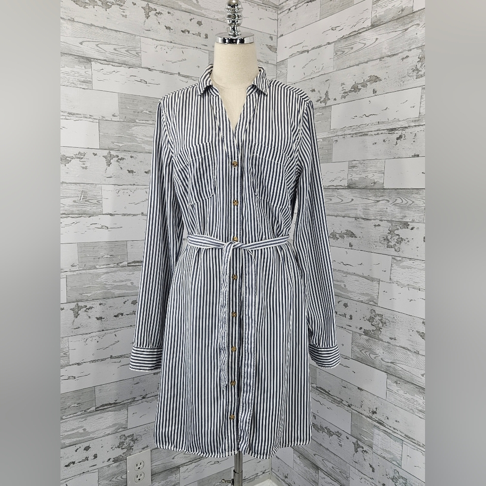 Abercrombie Fitch Long Sleeves Shirt Dress Large Tall Striped Belted Pockets